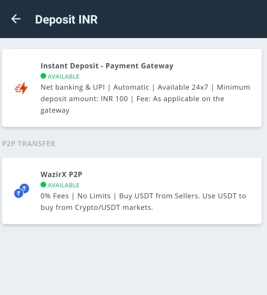 WazirX Accepted payment methods